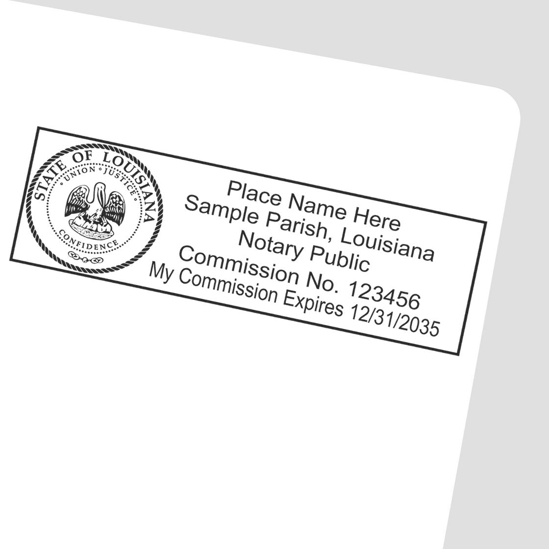 The Super Slim Louisiana Notary Public Stamp stamp impression comes to life with a crisp, detailed photo on paper - showcasing true professional quality.