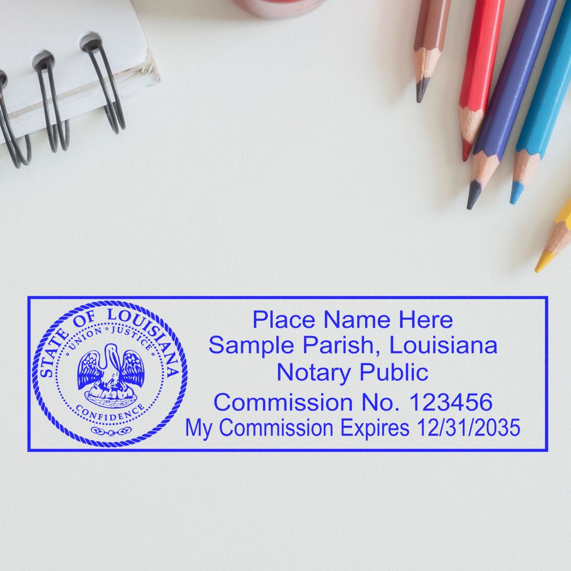 An alternative view of the PSI Louisiana Notary Stamp stamped on a sheet of paper showing the image in use