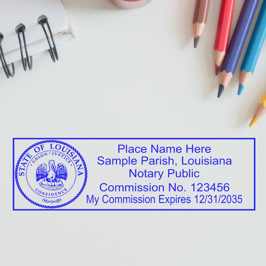 A stamped impression of the Super Slim Louisiana Notary Public Stamp in this stylish lifestyle photo, setting the tone for a unique and personalized product.