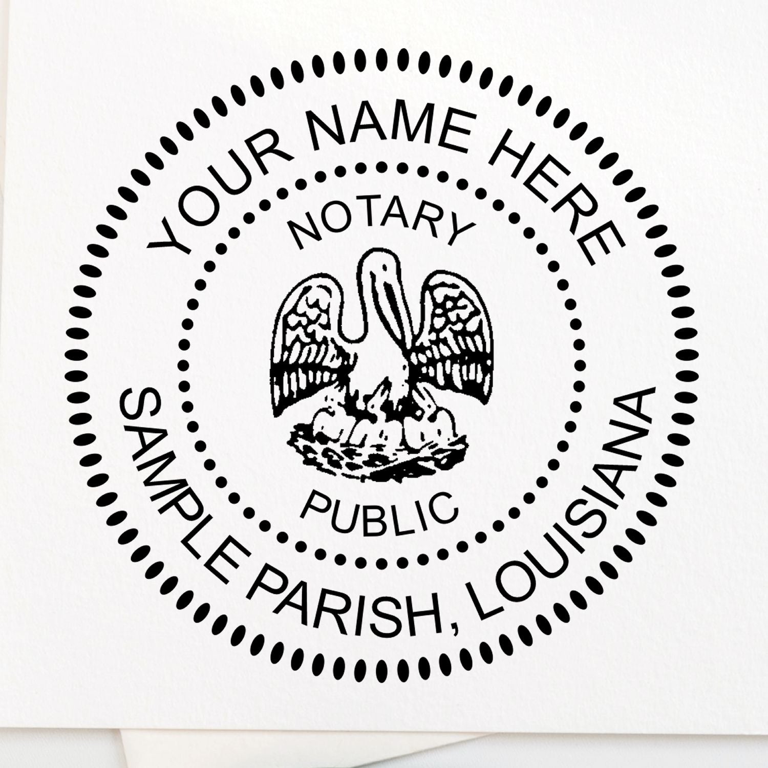 A lifestyle photo showing a stamped image of the Round Louisiana Notary Public Seal Stamp on a piece of paper