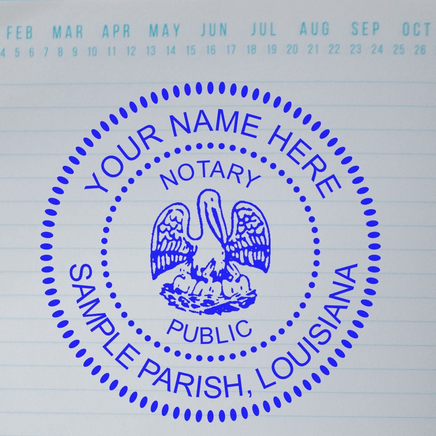 This paper is stamped with a sample imprint of the Round Louisiana Notary Public Seal Stamp, signifying its quality and reliability.