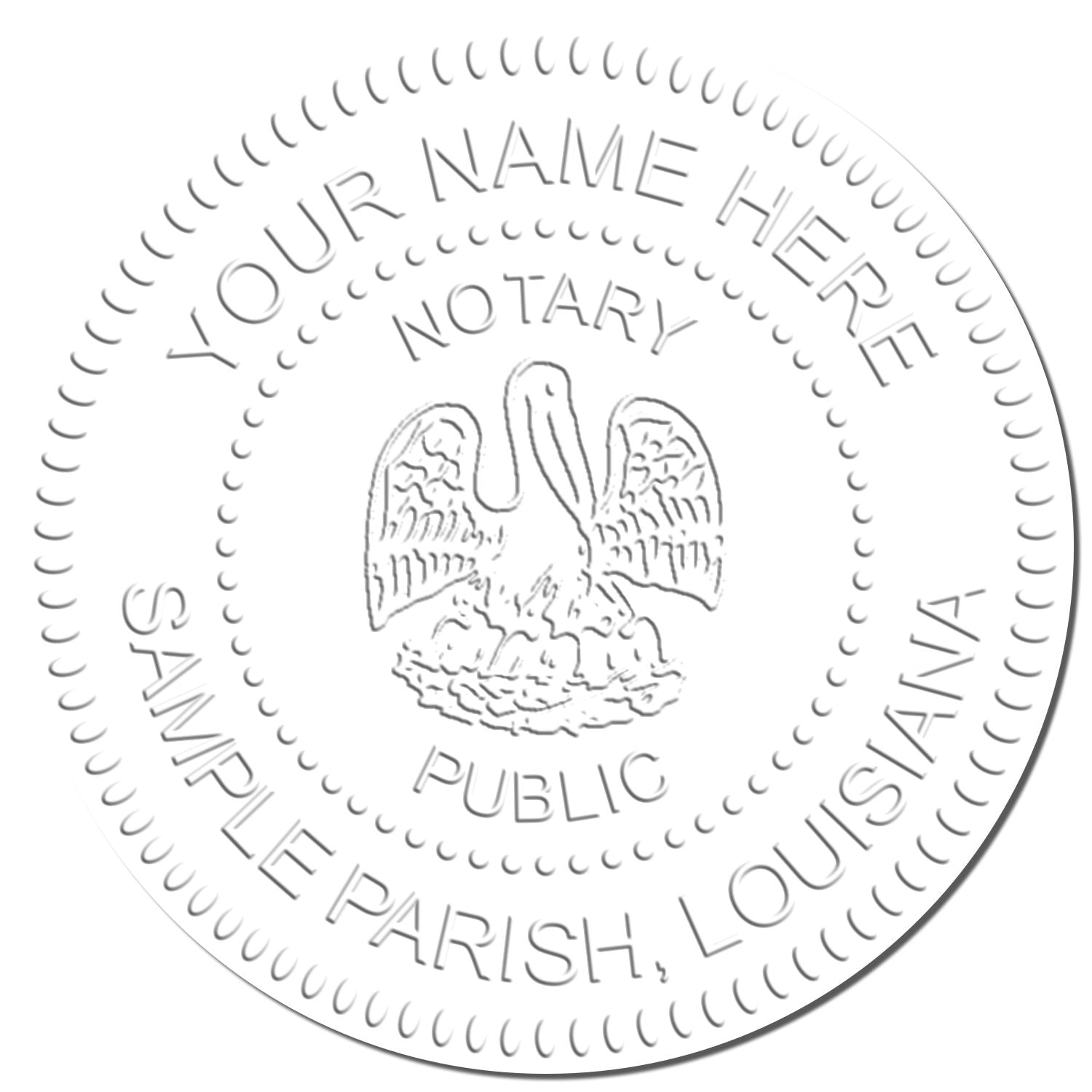 This paper is stamped with a sample imprint of the Louisiana Handheld Notary Seal Embosser, signifying its quality and reliability.