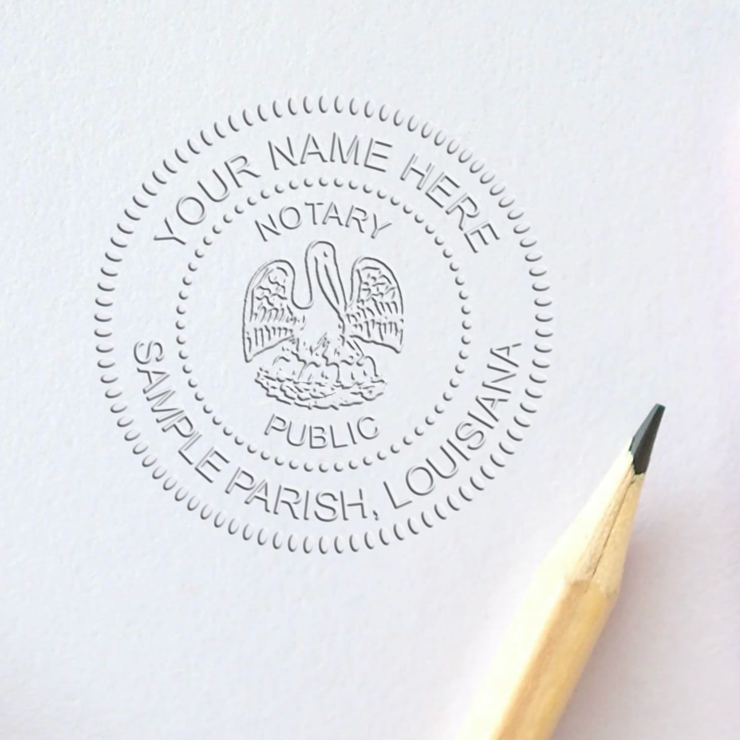 A lifestyle photo showing a stamped image of the Louisiana Handheld Notary Seal Embosser on a piece of paper