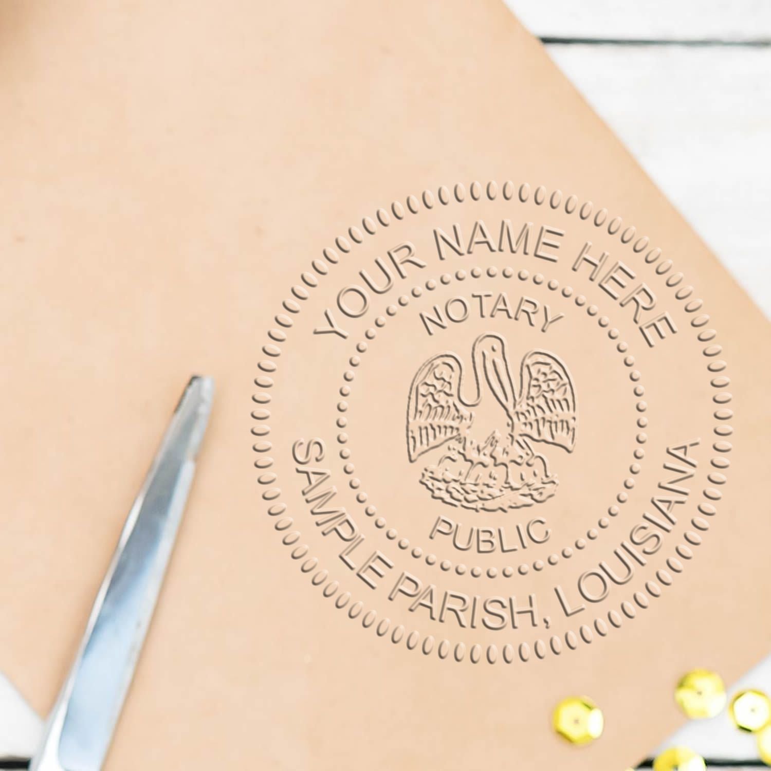 The Louisiana Handheld Notary Seal Embosser stamp impression comes to life with a crisp, detailed photo on paper - showcasing true professional quality.