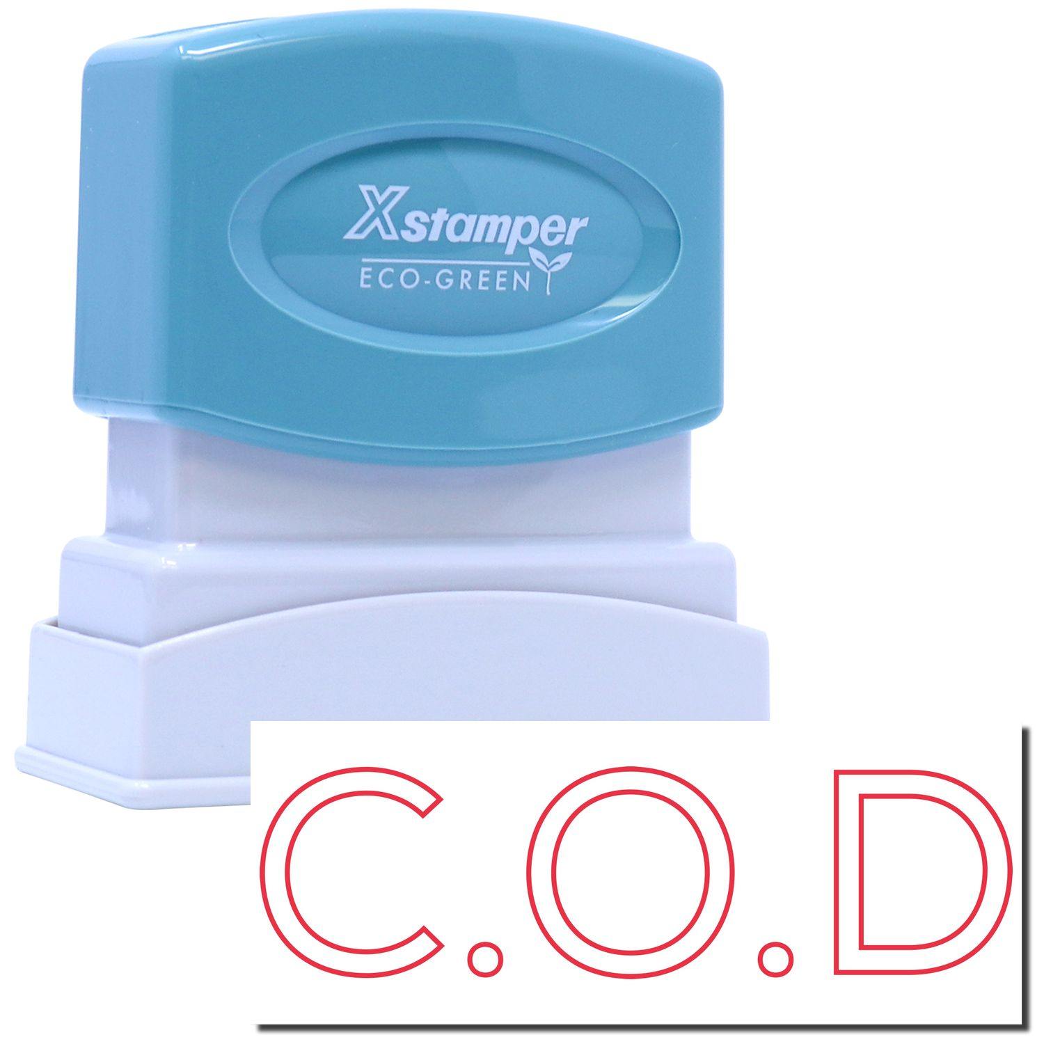 An xstamper stamp with a stamped image showing how the text "C.O.D" in an outline font is displayed after stamping.