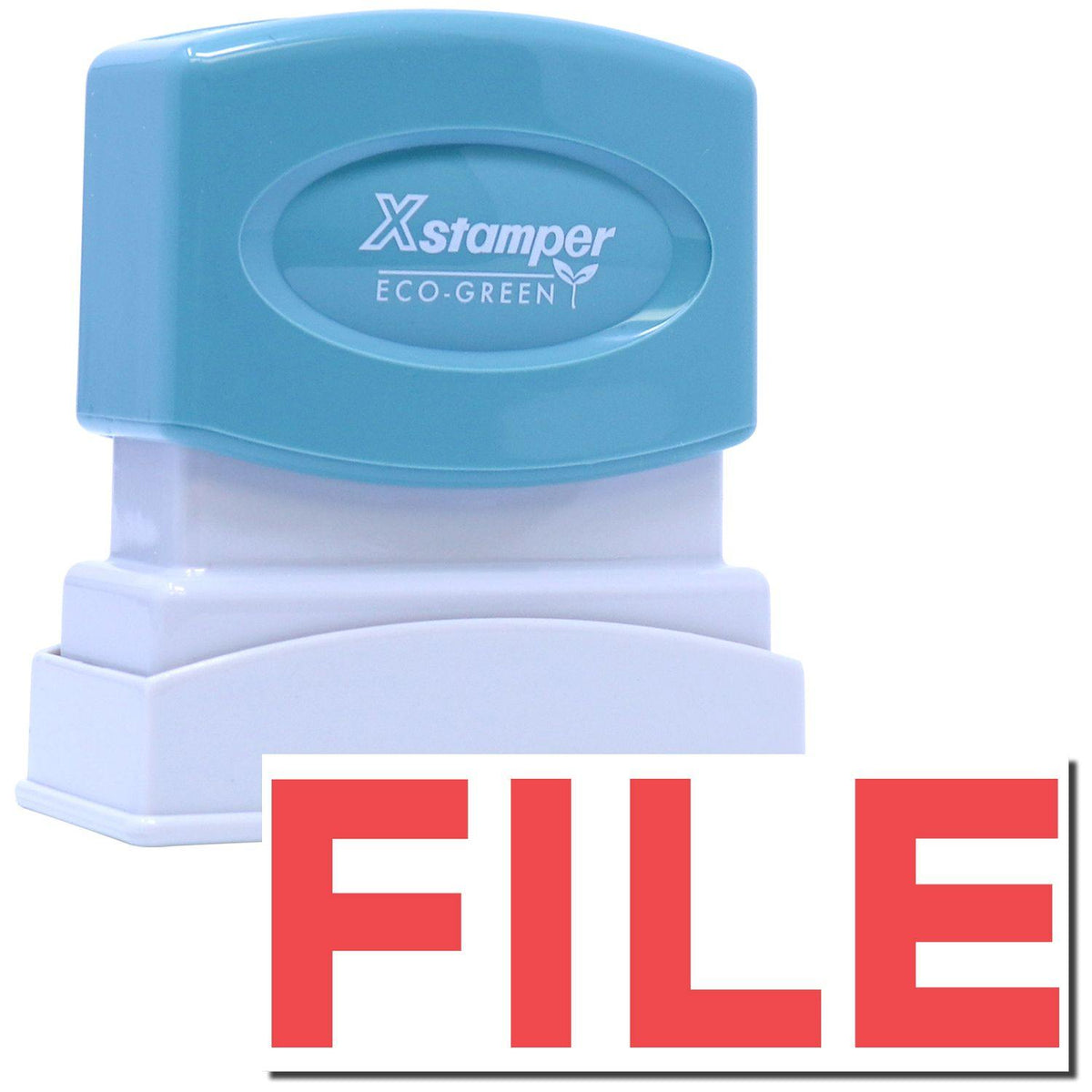 An xstamper stamp with a stamped image showing how the text &quot;FILE&quot; in red color is displayed after stamping.