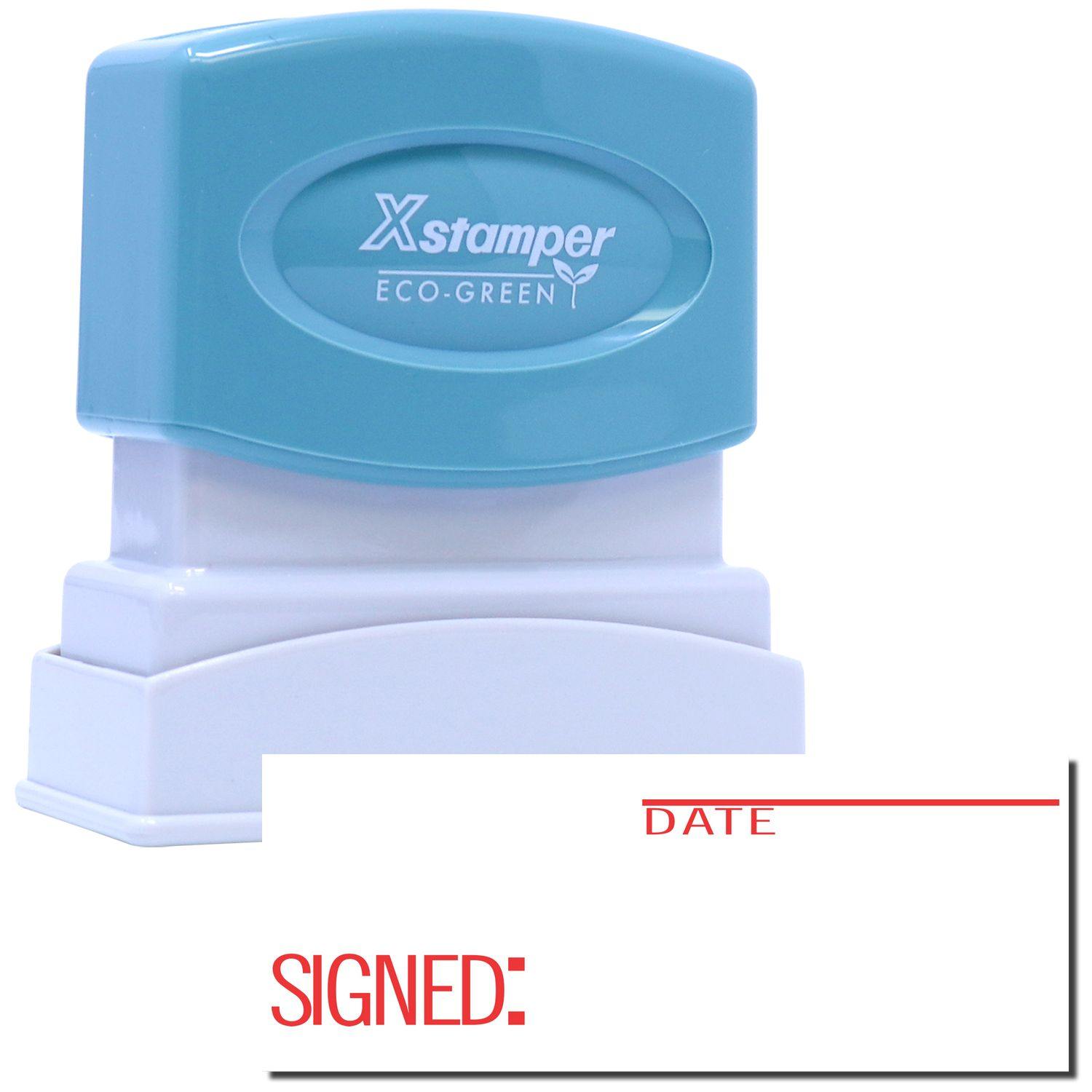 An xstamper stamp with a stamped image showing how the texts "SIGNED:" on the left bottom side and "DATE" with a line above it on the right top side are displayed after stamping. 