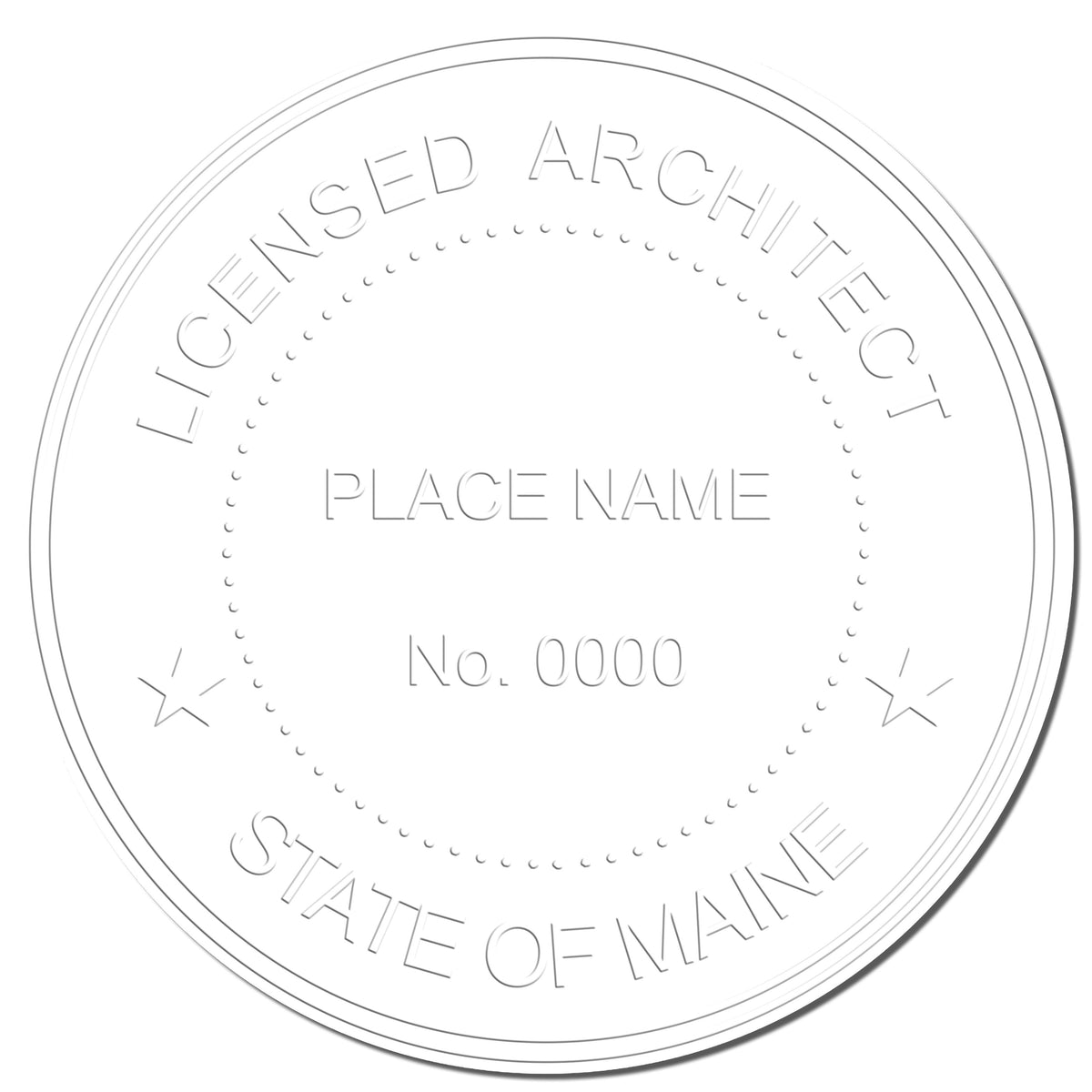 A photograph of the Handheld Maine Architect Seal Embosser stamp impression reveals a vivid, professional image of the on paper.