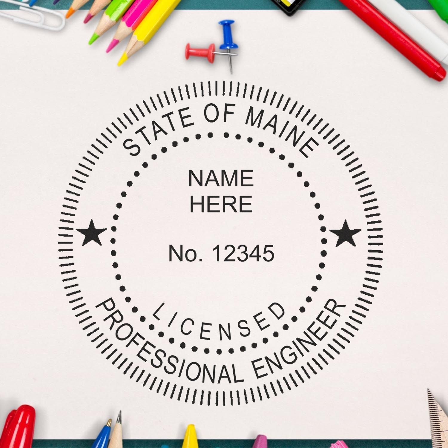 This paper is stamped with a sample imprint of the Maine Professional Engineer Seal Stamp, signifying its quality and reliability.