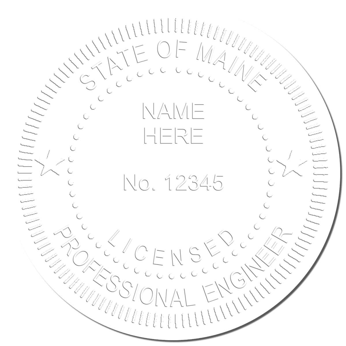 A photograph of the Handheld Maine Professional Engineer Embosser stamp impression reveals a vivid, professional image of the on paper.