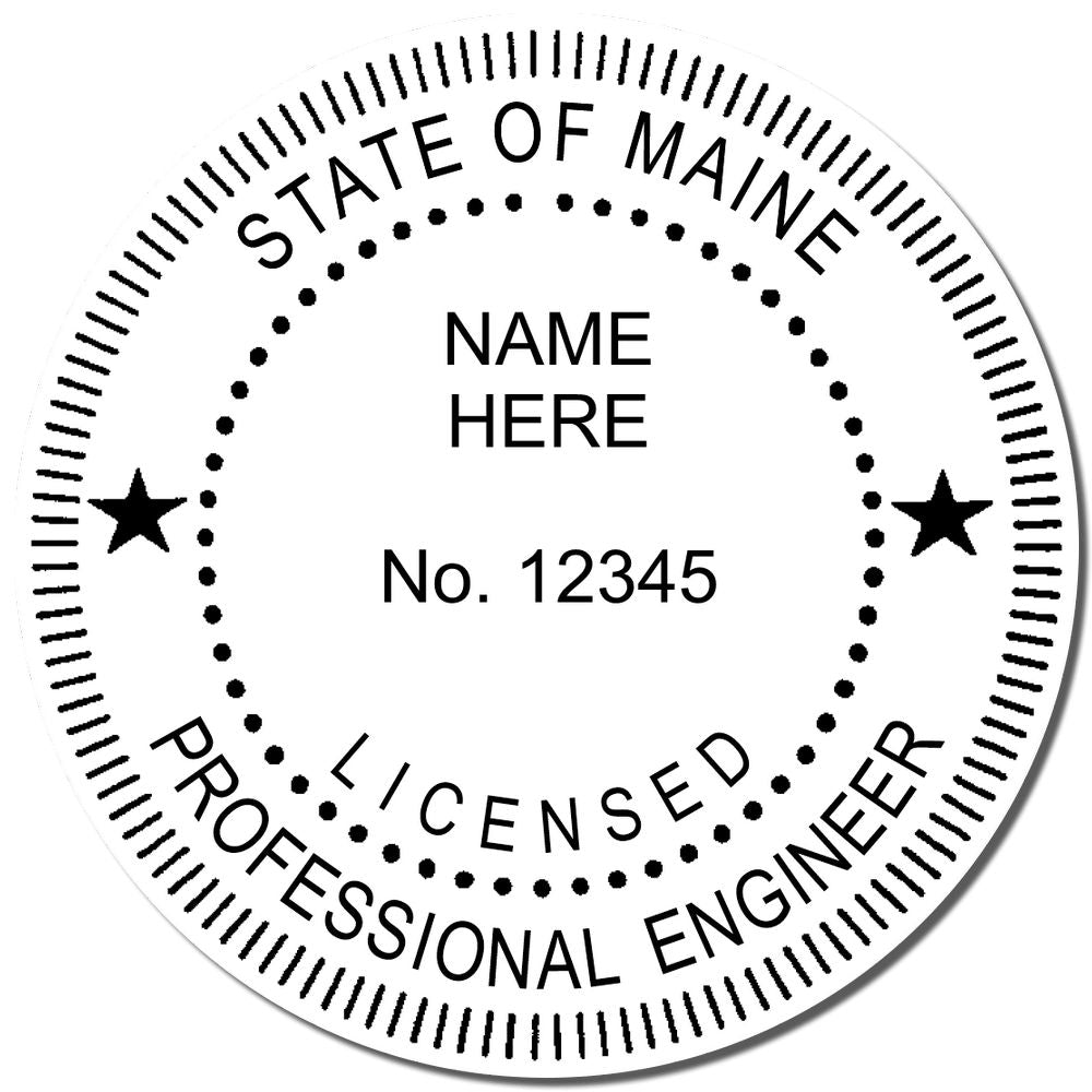 A photograph of the Slim Pre-Inked Maine Professional Engineer Seal Stamp stamp impression reveals a vivid, professional image of the on paper.
