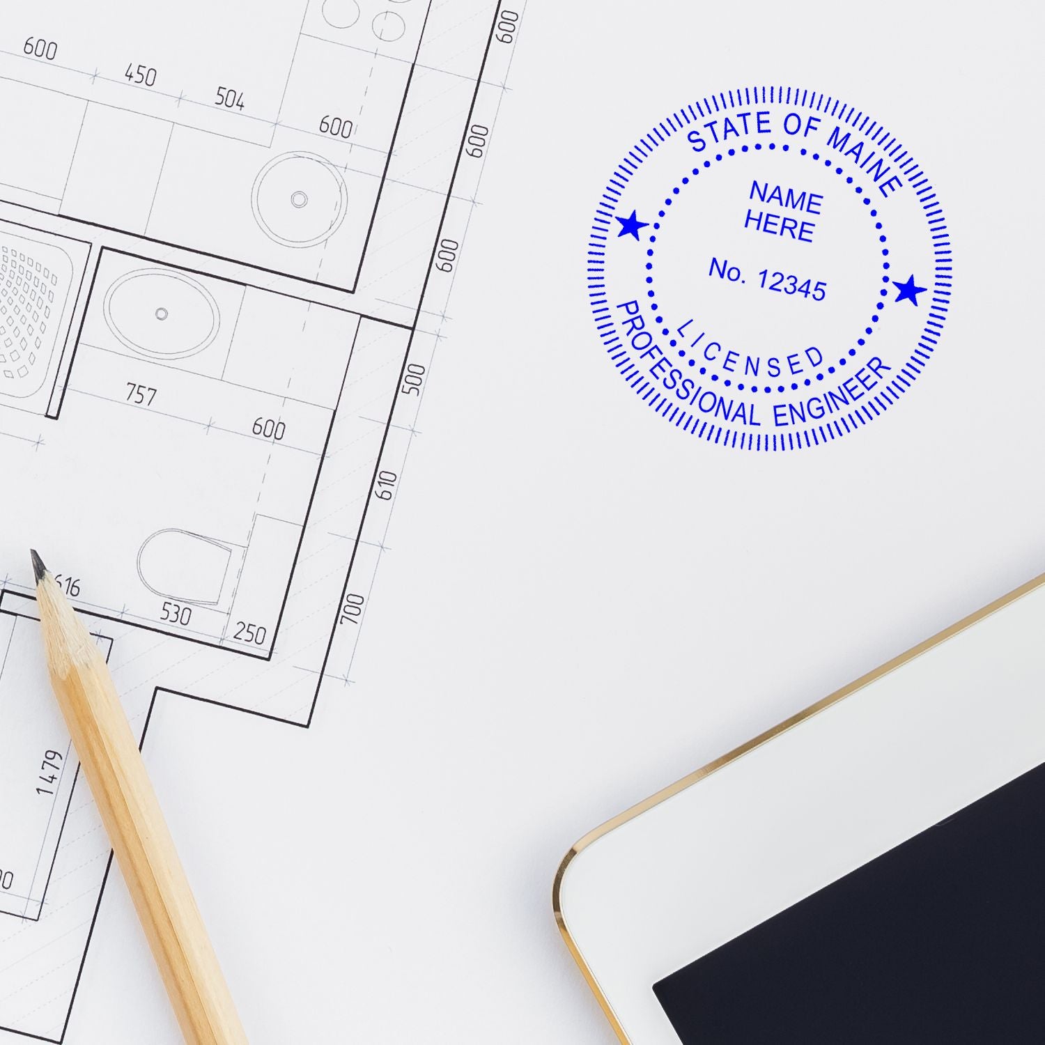 An alternative view of the Digital Maine PE Stamp and Electronic Seal for Maine Engineer stamped on a sheet of paper showing the image in use