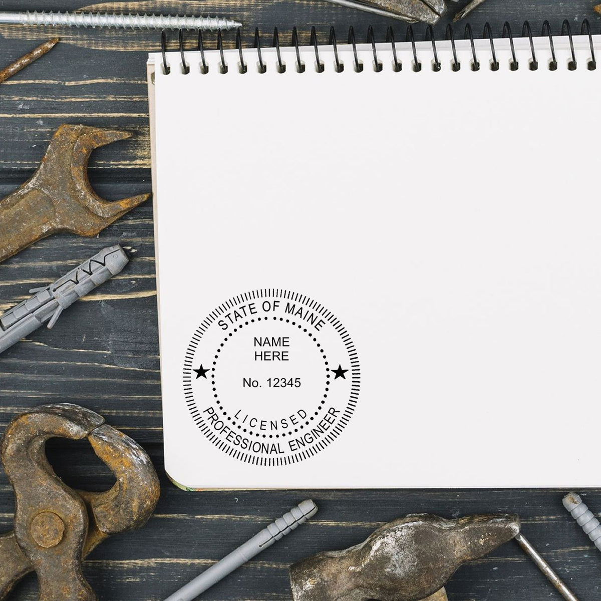 A photograph of the Maine Professional Engineer Seal Stamp stamp impression reveals a vivid, professional image of the on paper.