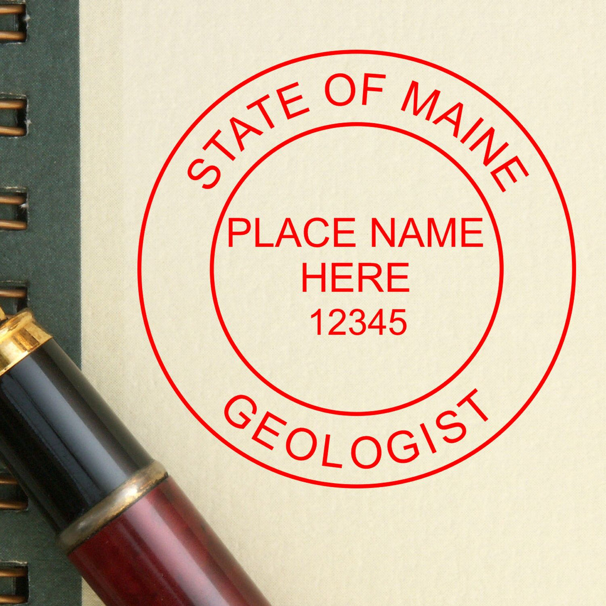 A lifestyle photo showing a stamped image of the Maine Professional Geologist Seal Stamp on a piece of paper