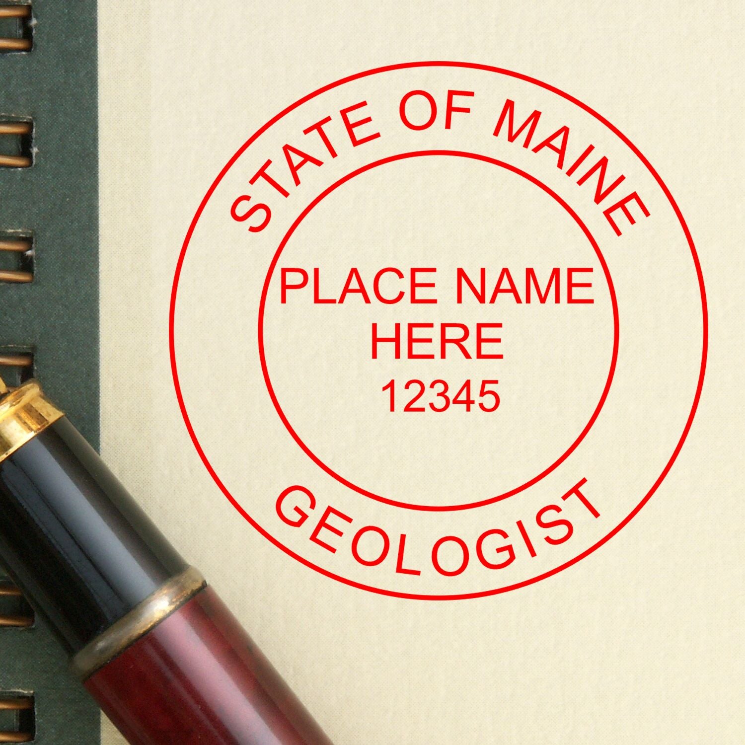 The main image for the Maine Professional Geologist Seal Stamp depicting a sample of the imprint and imprint sample