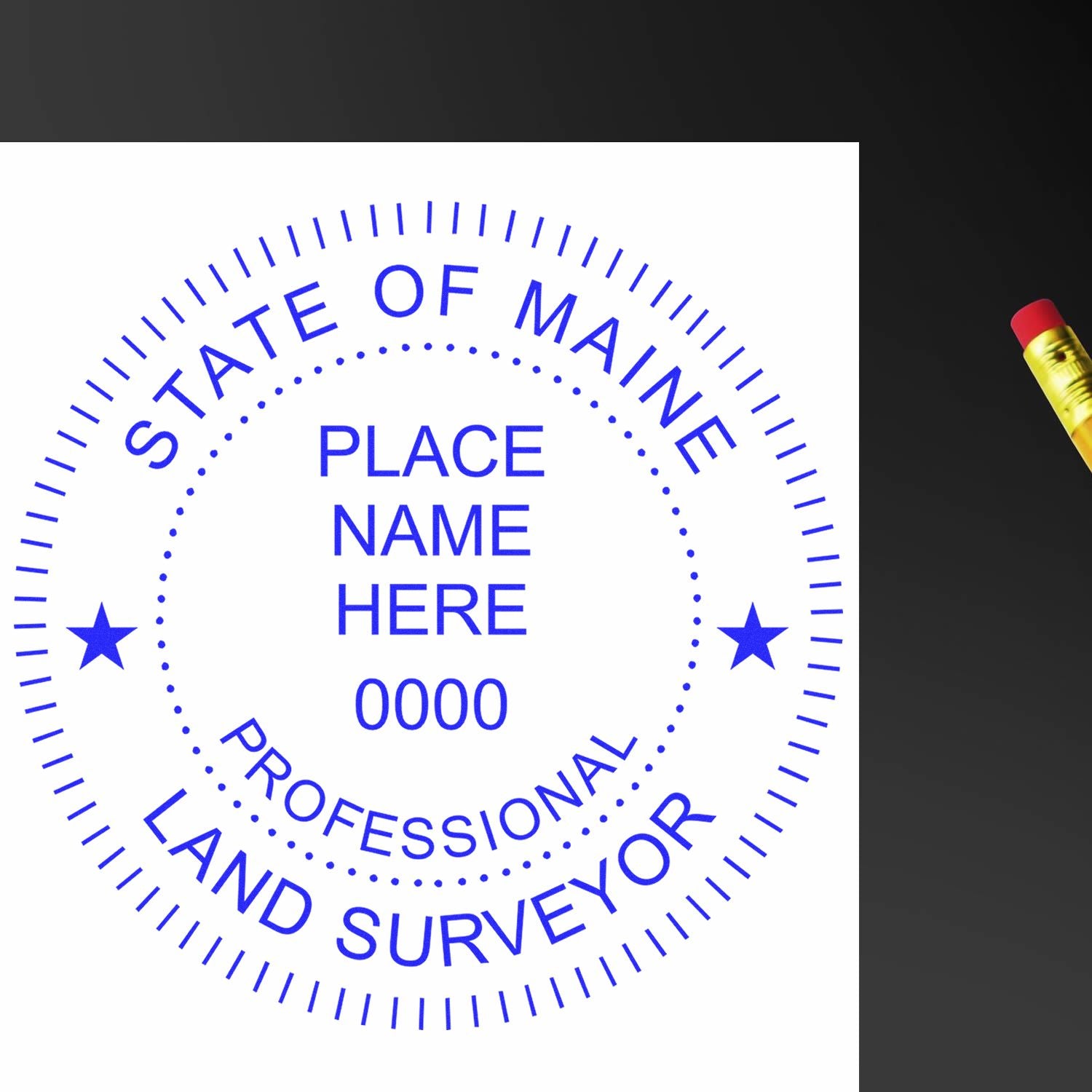 Self Inking Maine Land Surveyor Stamp with customizable text, displayed on a white background with a pencil nearby.