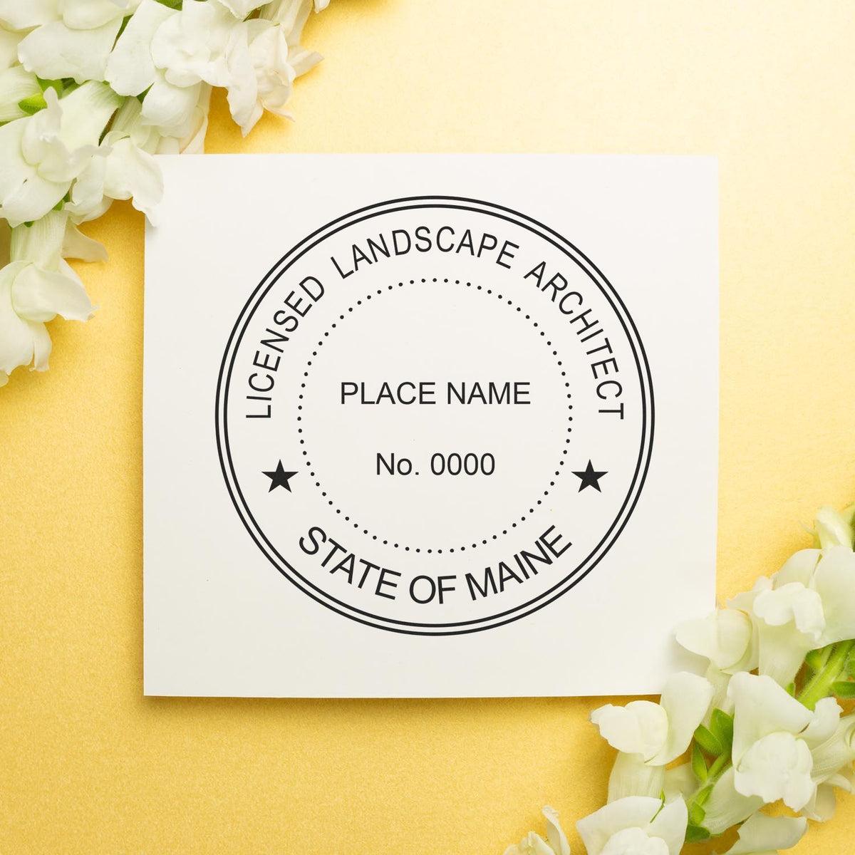 This paper is stamped with a sample imprint of the Slim Pre-Inked Maine Landscape Architect Seal Stamp, signifying its quality and reliability.