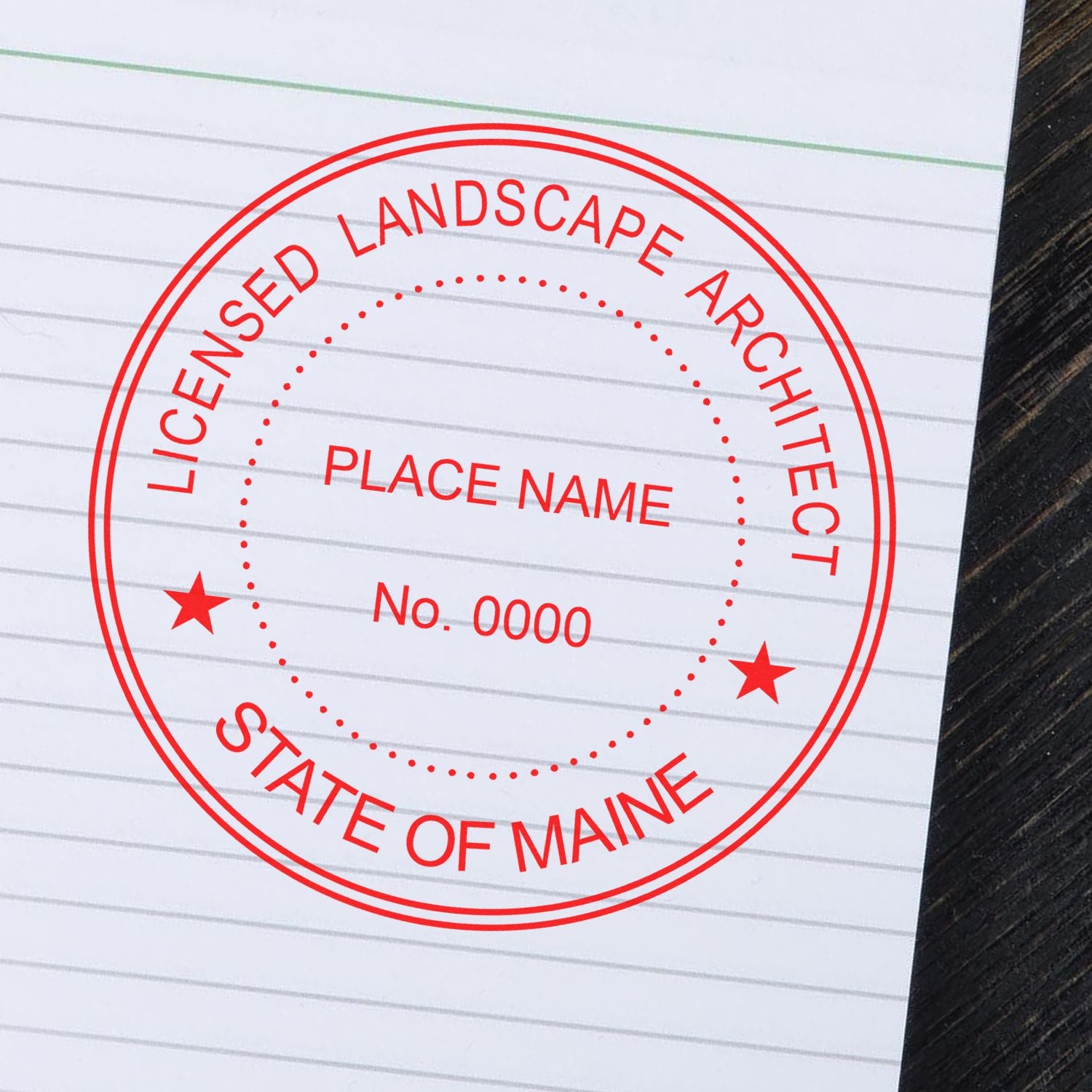 The main image for the Maine Landscape Architectural Seal Stamp depicting a sample of the imprint and electronic files