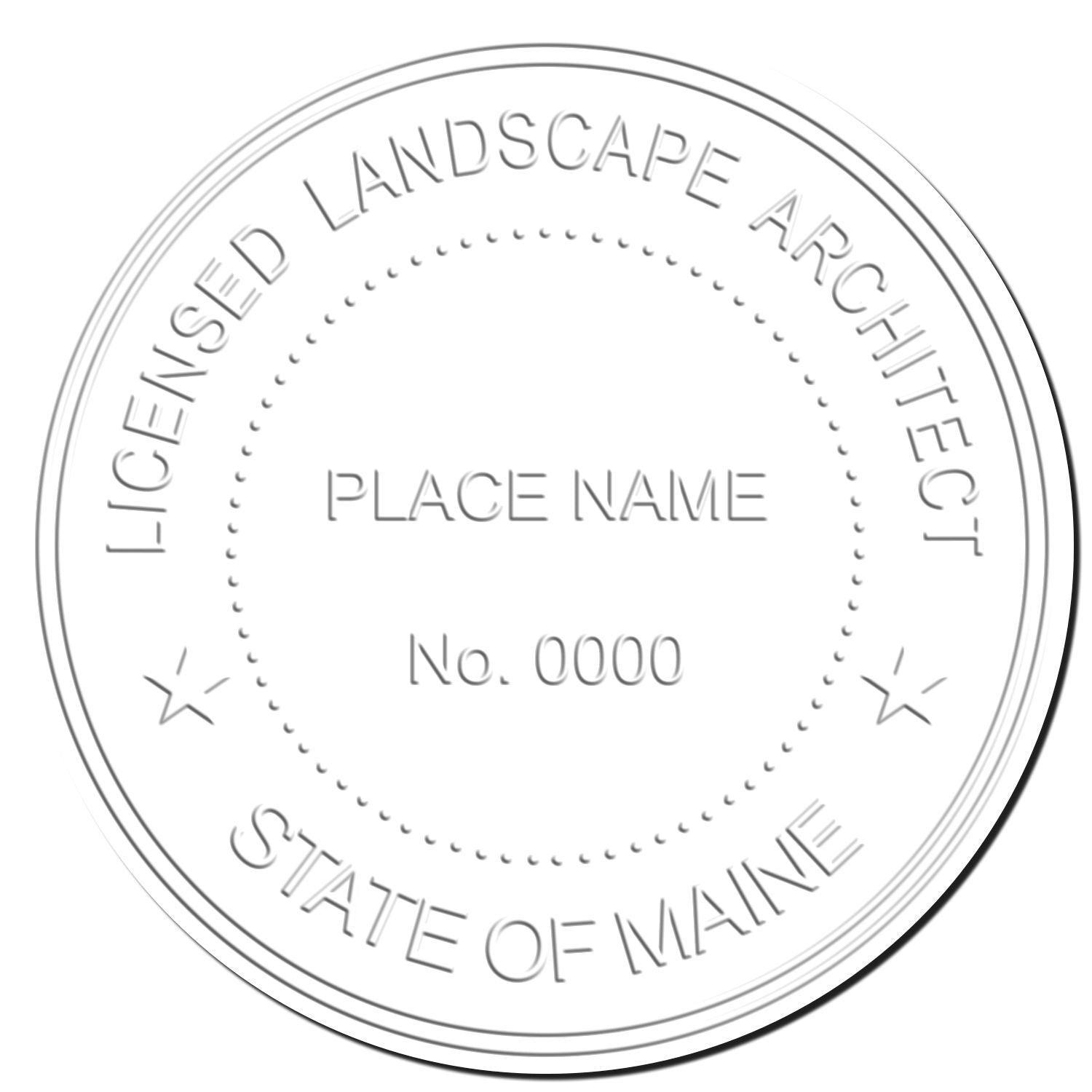 This paper is stamped with a sample imprint of the Soft Pocket Maine Landscape Architect Embosser, signifying its quality and reliability.