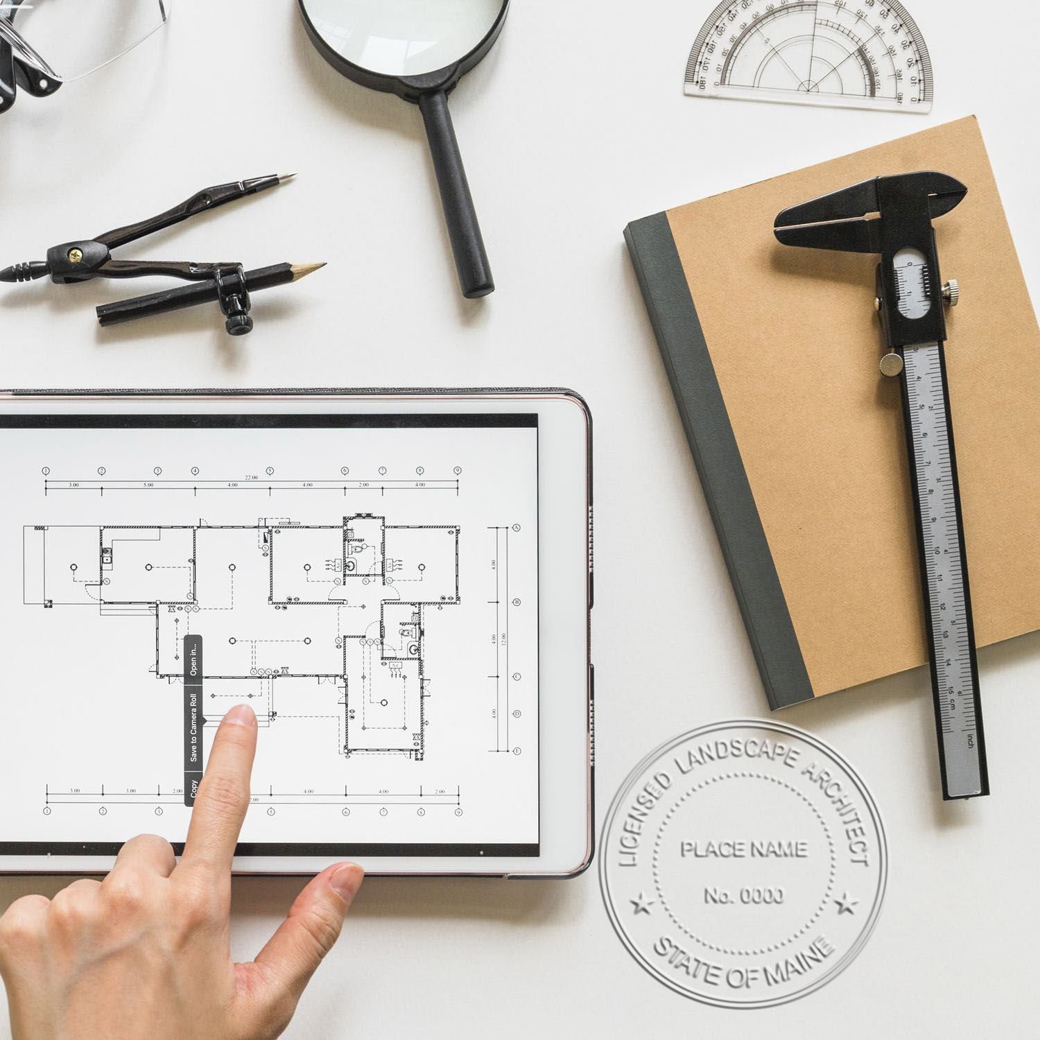 A photograph of the State of Maine Extended Long Reach Landscape Architect Seal Embosser stamp impression reveals a vivid, professional image of the on paper.