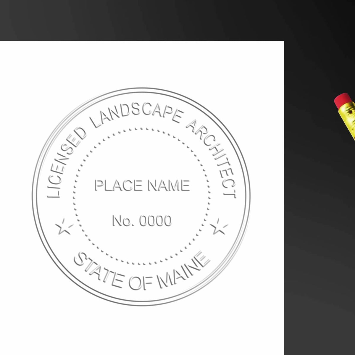 An in use photo of the Hybrid Maine Landscape Architect Seal showing a sample imprint on a cardstock