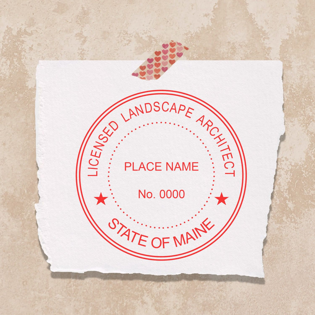 An alternative view of the Slim Pre-Inked Maine Landscape Architect Seal Stamp stamped on a sheet of paper showing the image in use