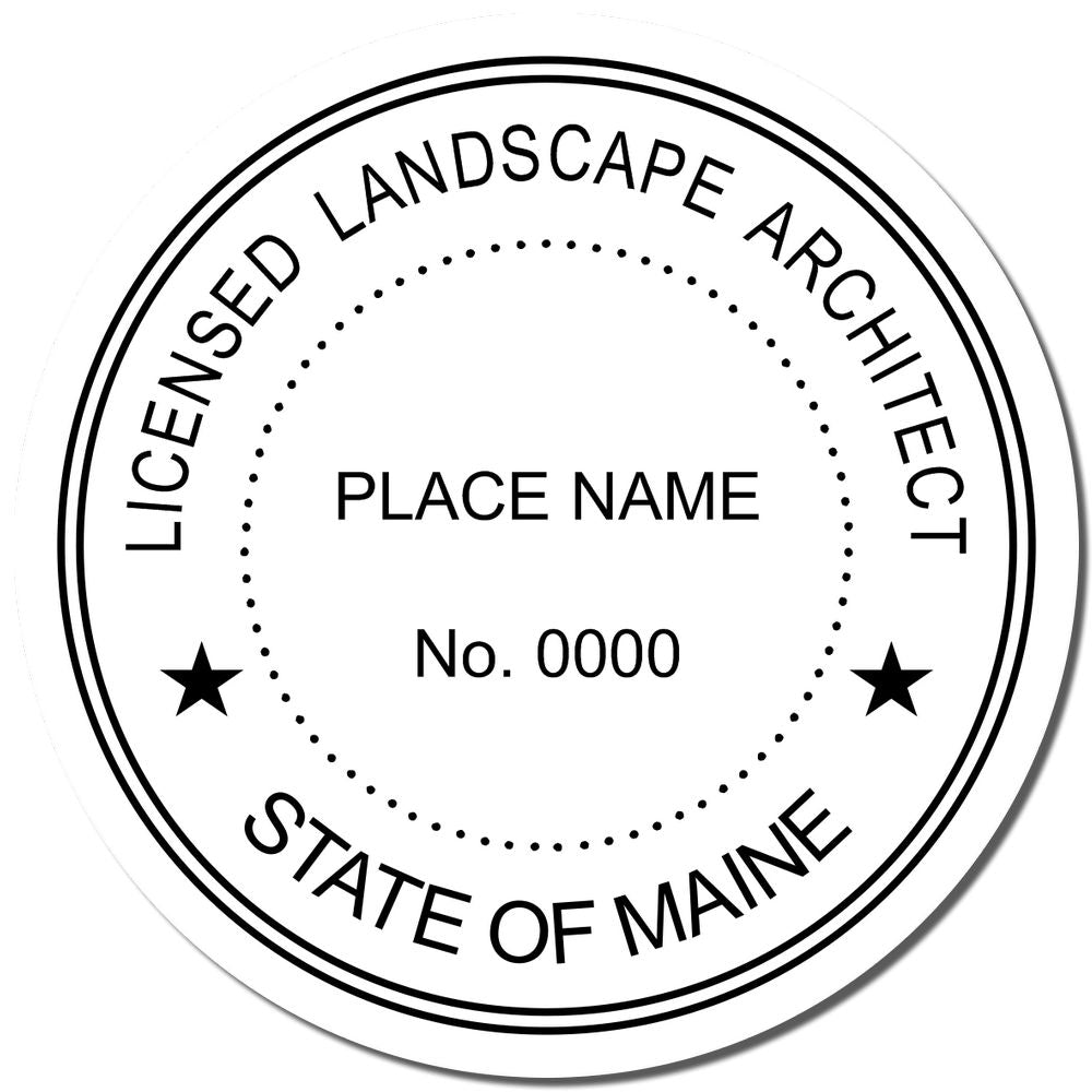 A lifestyle photo showing a stamped image of the Slim Pre-Inked Maine Landscape Architect Seal Stamp on a piece of paper