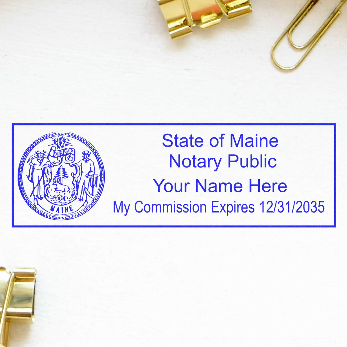 An alternative view of the Super Slim Maine Notary Public Stamp stamped on a sheet of paper showing the image in use