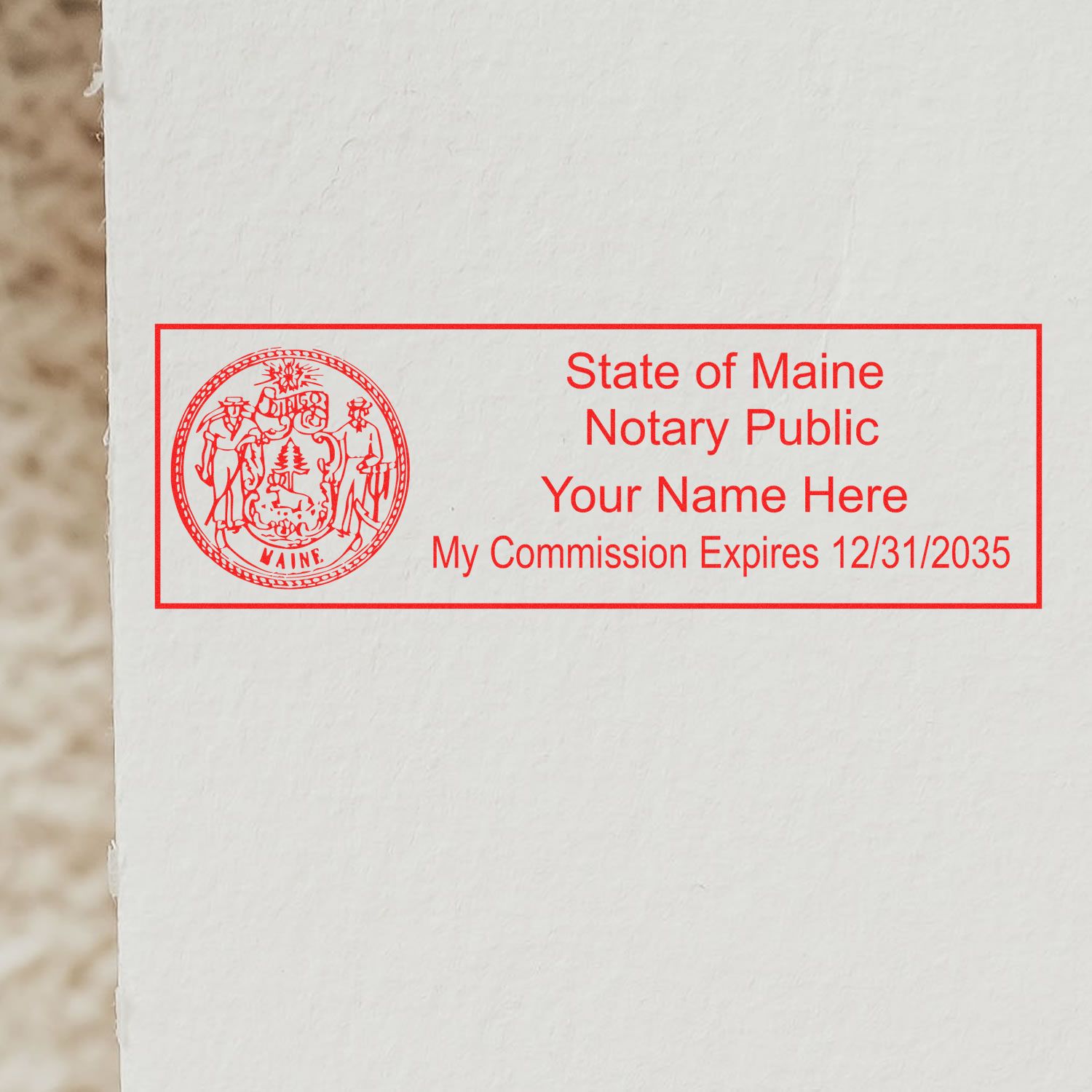 The Heavy-Duty Maine Rectangular Notary Stamp stamp impression comes to life with a crisp, detailed photo on paper - showcasing true professional quality.