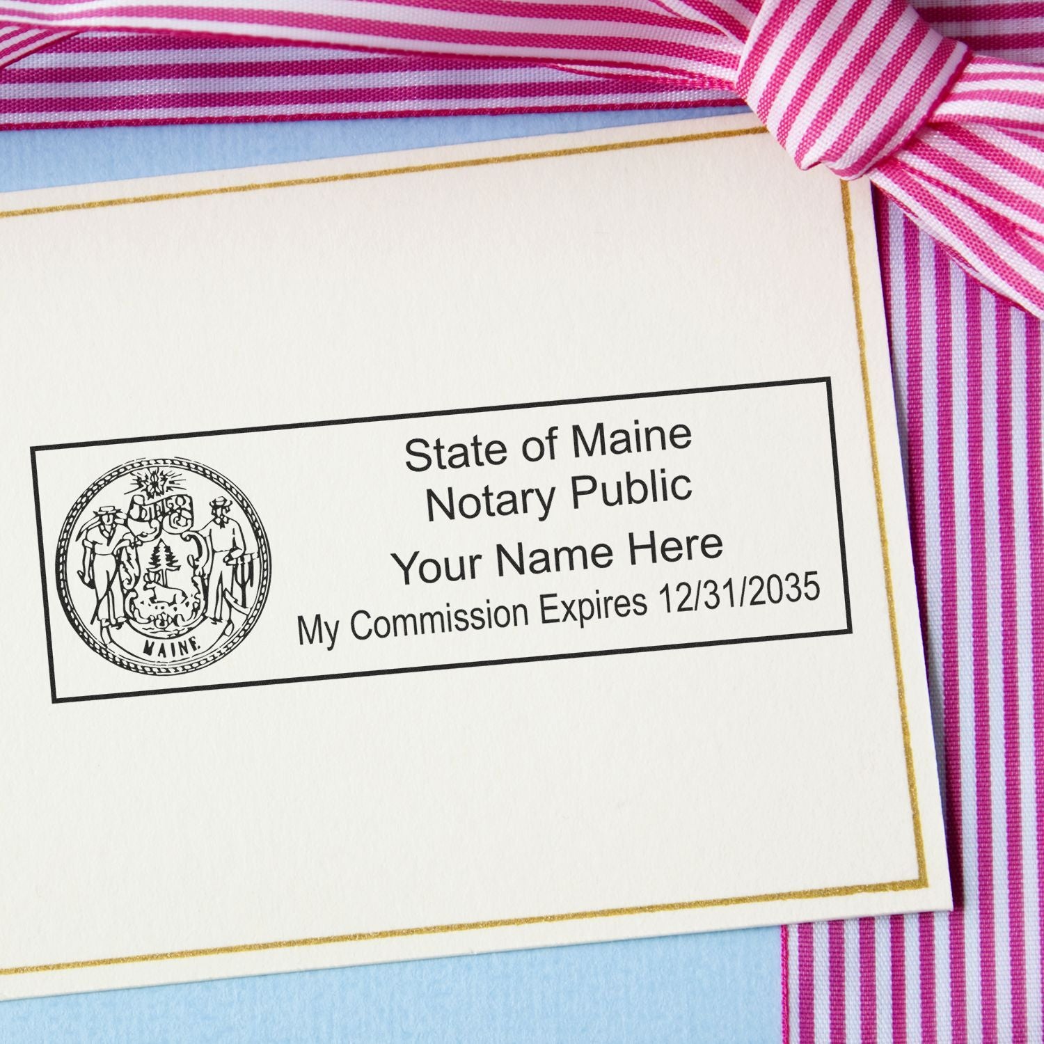 The main image for the Wooden Handle Maine State Seal Notary Public Stamp depicting a sample of the imprint and electronic files