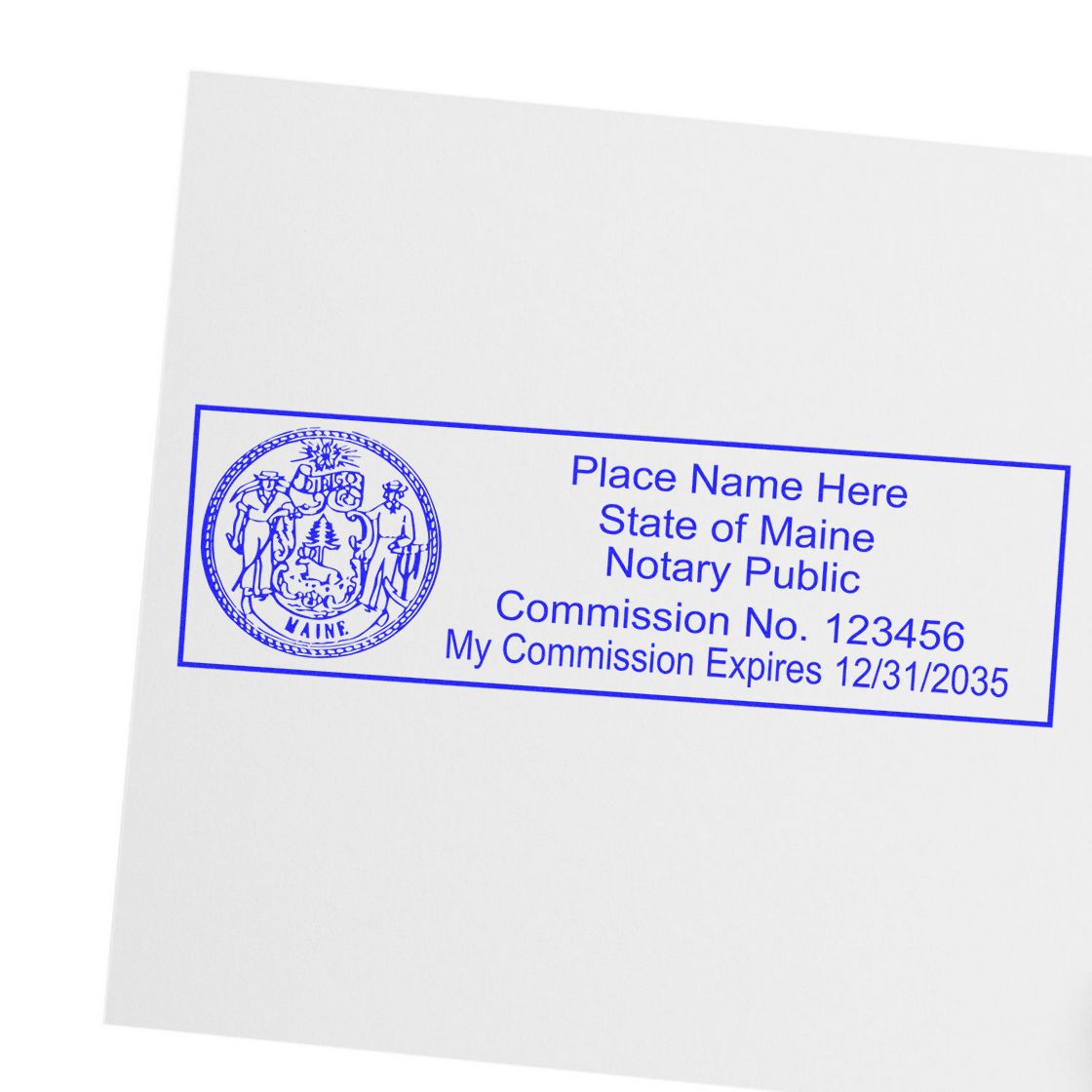 A photograph of the Self-Inking State Seal Maine Notary Stamp stamp impression reveals a vivid, professional image of the on paper.