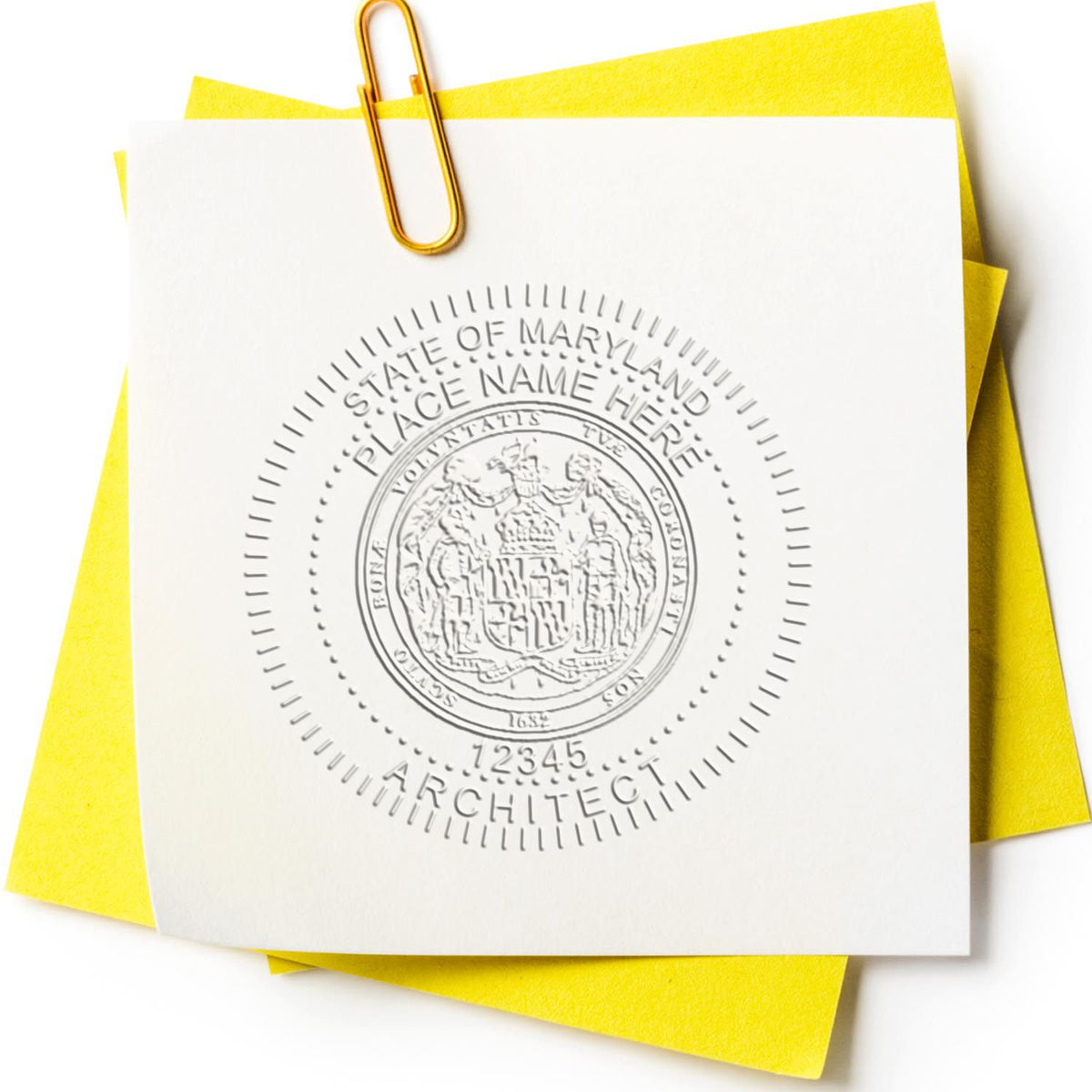 An alternative view of the State of Maryland Long Reach Architectural Embossing Seal stamped on a sheet of paper showing the image in use