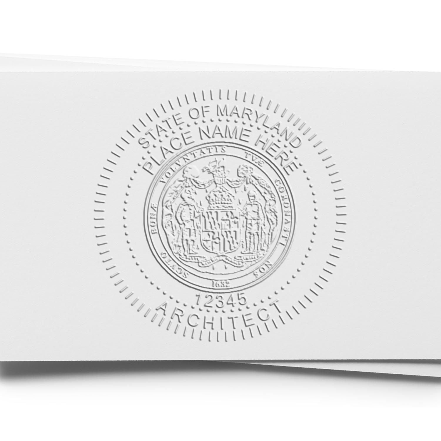 An in use photo of the Hybrid Maryland Architect Seal showing a sample imprint on a cardstock