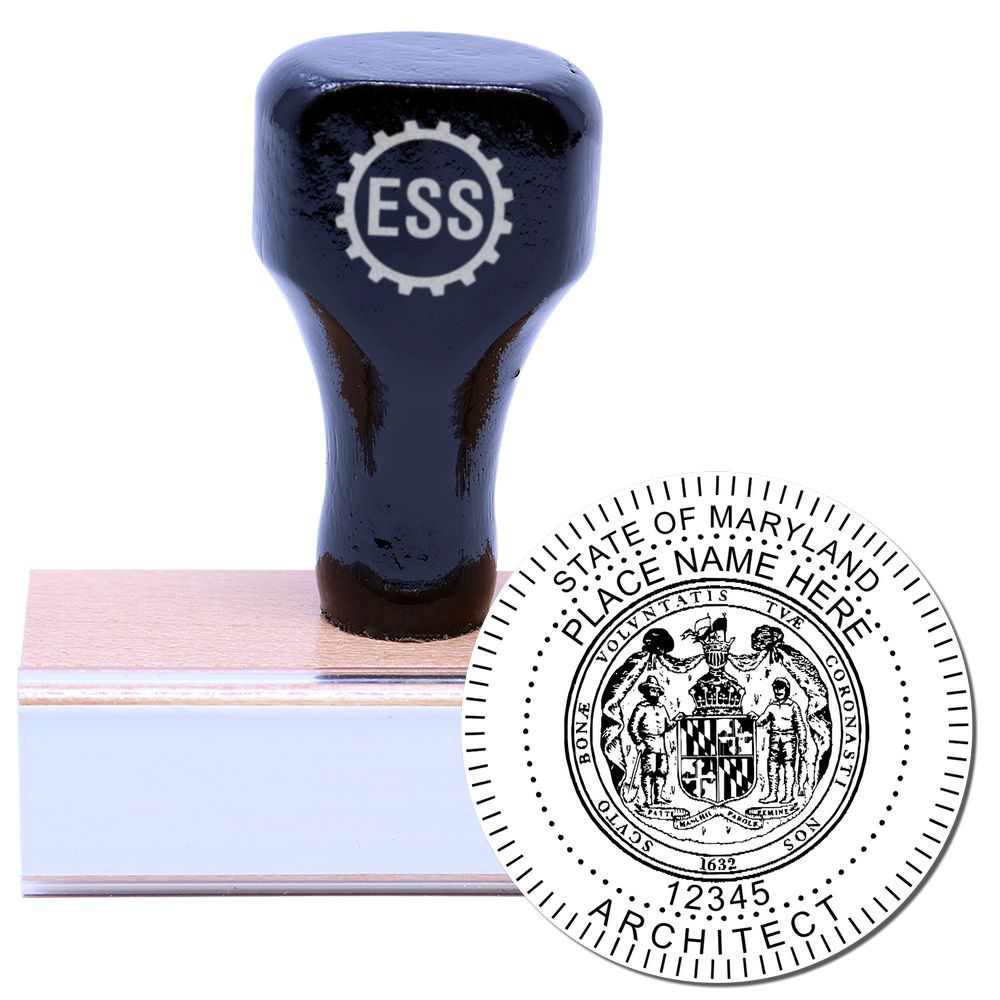 Wooden handle rubber stamp with ESS logo and Maryland Architect Seal Stamp featuring state emblem and text State of Maryland Architect.