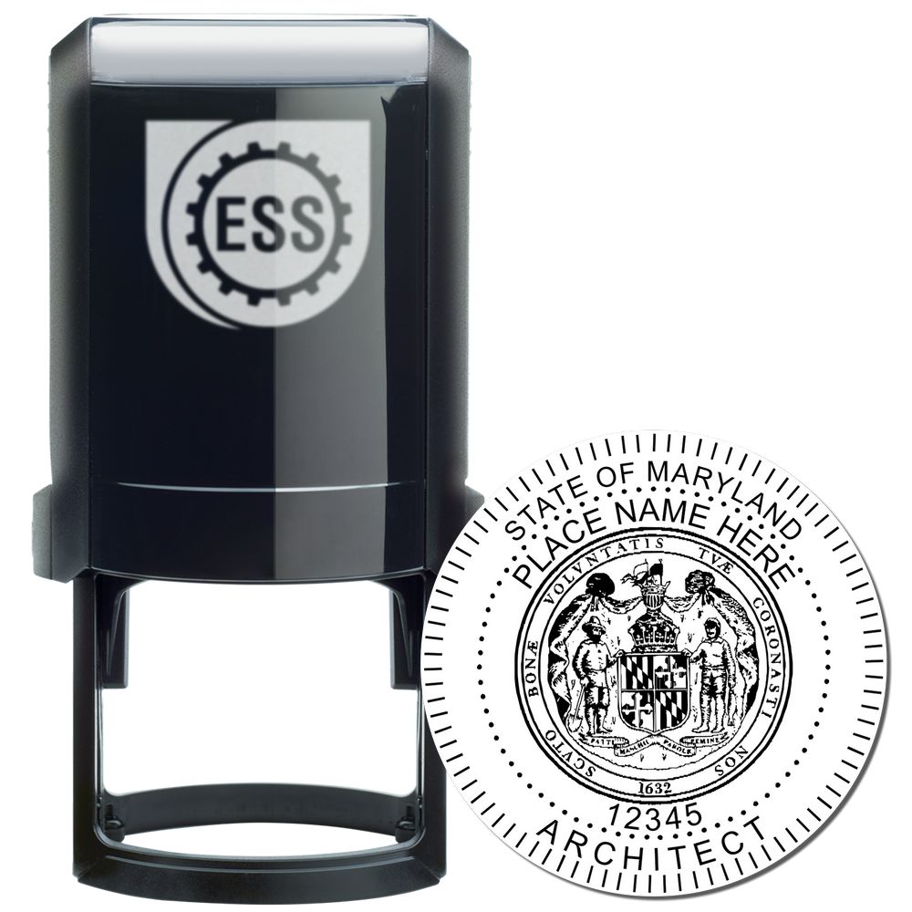 Self Inking Maryland Architect Stamp with a black casing and a circular imprint featuring the Maryland state seal and customizable text.