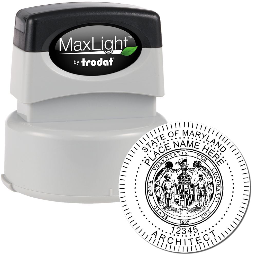 Image of the Premium MaxLight Pre-Inked Maryland Architectural Stamp with a detailed imprint of the Maryland state seal and customizable text.