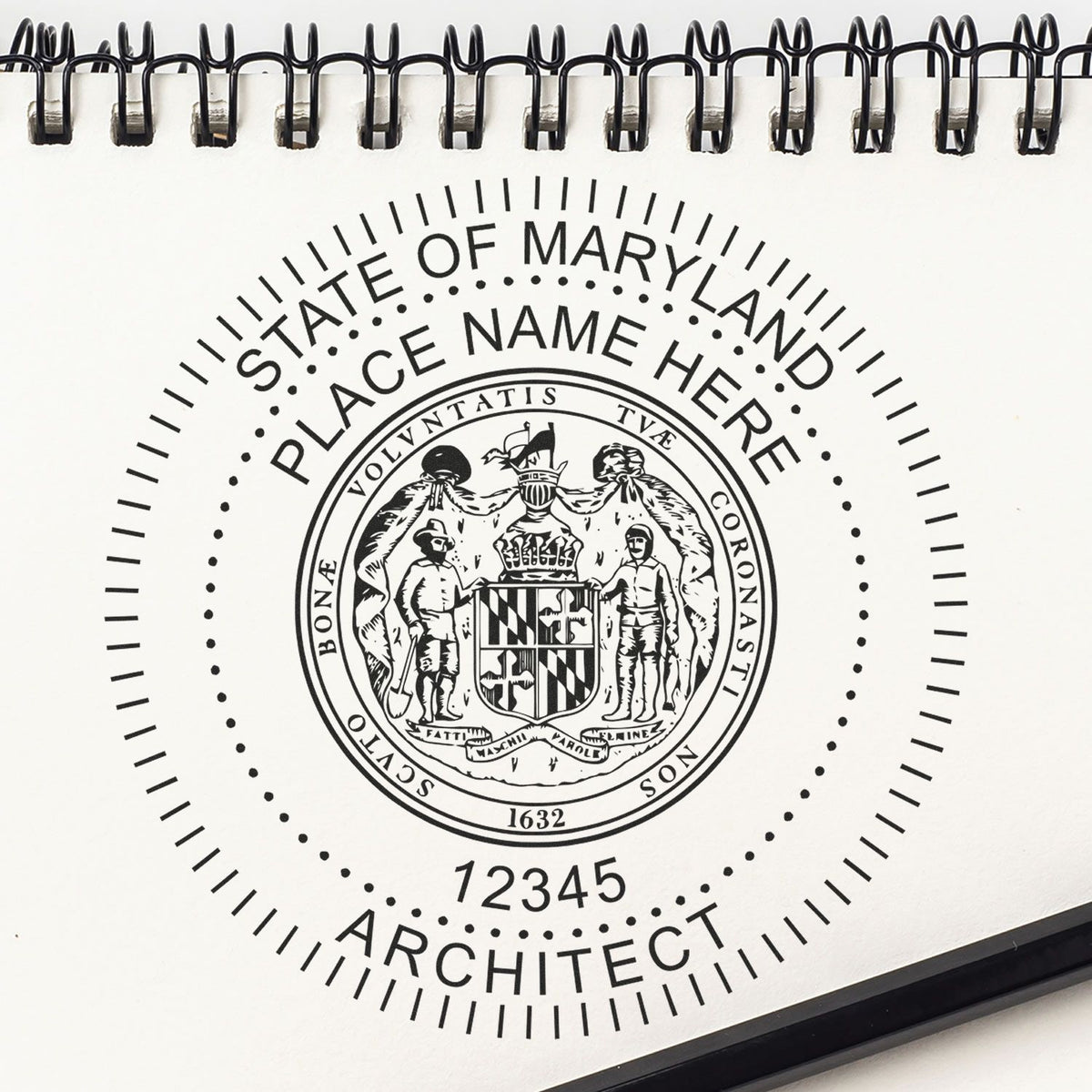 Slim Pre-Inked Maryland Architect Seal Stamp in use photo showing a stamped imprint of the Slim Pre-Inked Maryland Architect Seal Stamp