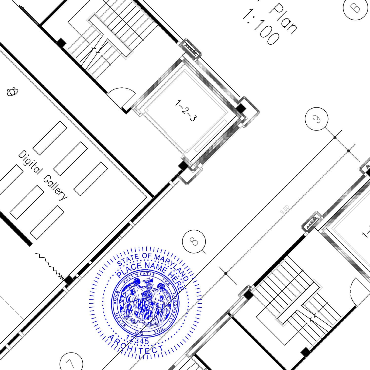 Self Inking Maryland Architect Stamp used on architectural blueprint, displaying detailed seal and building plan.