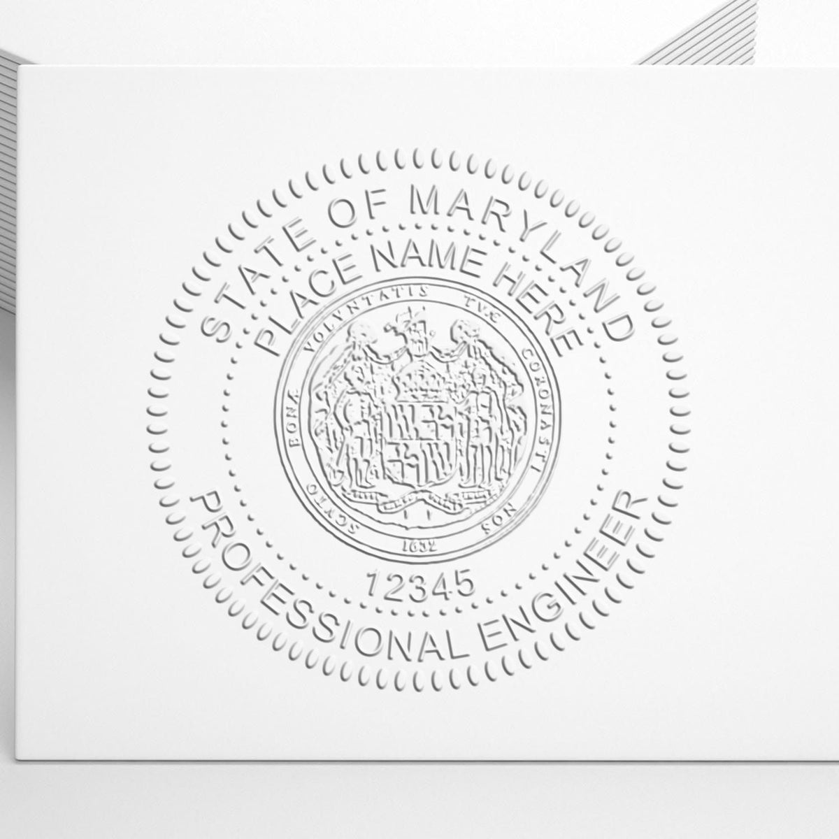 A stamped impression of the Maryland Engineer Desk Seal in this stylish lifestyle photo, setting the tone for a unique and personalized product.
