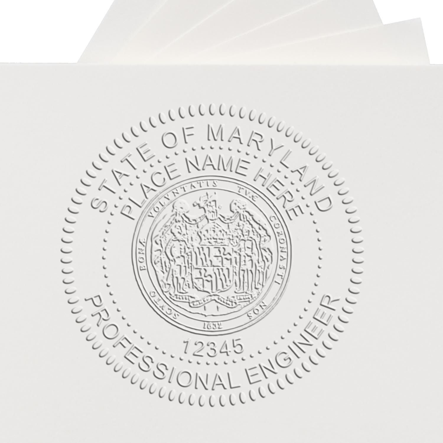 An alternative view of the State of Maryland Extended Long Reach Engineer Seal stamped on a sheet of paper showing the image in use