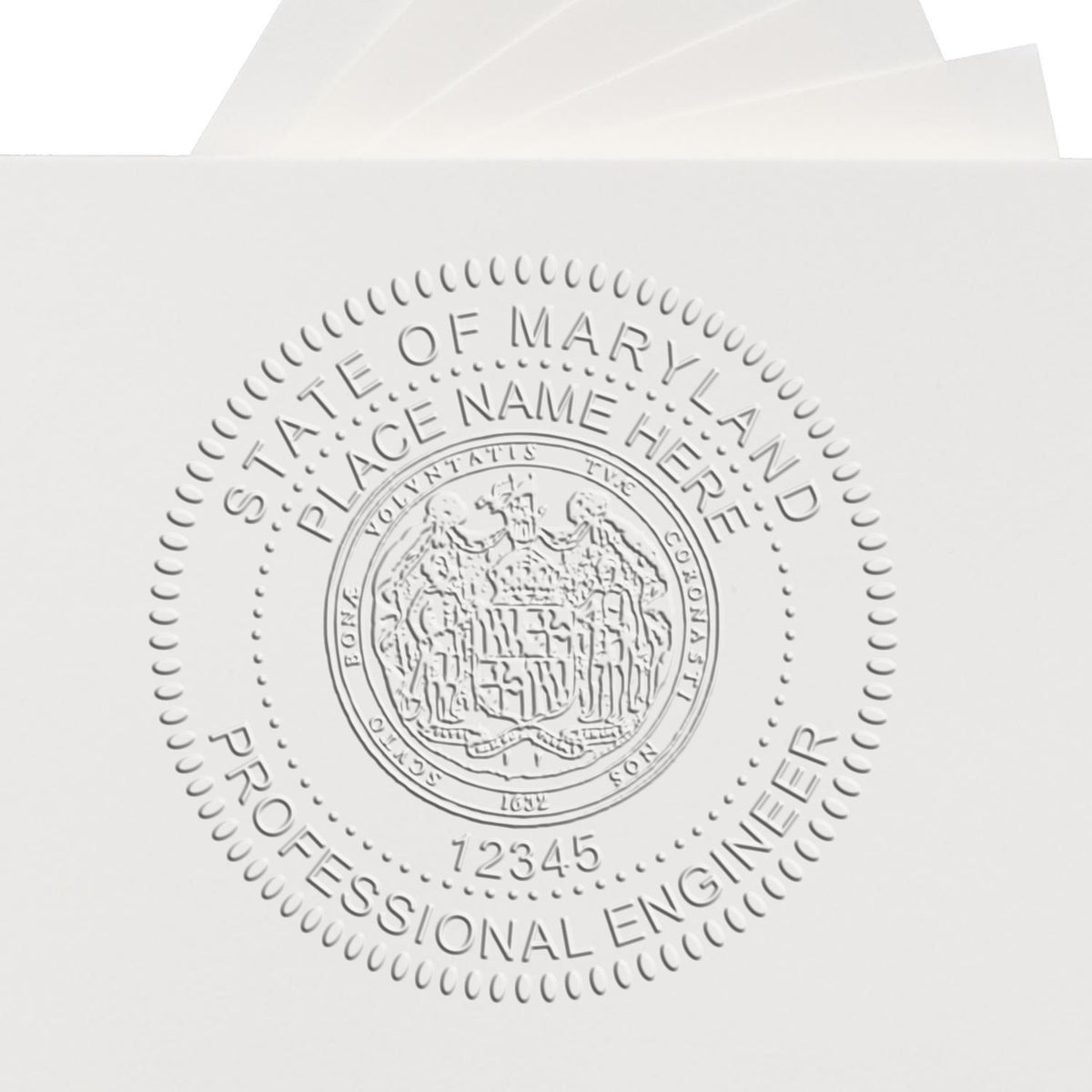 An alternative view of the Heavy Duty Cast Iron Maryland Engineer Seal Embosser stamped on a sheet of paper showing the image in use