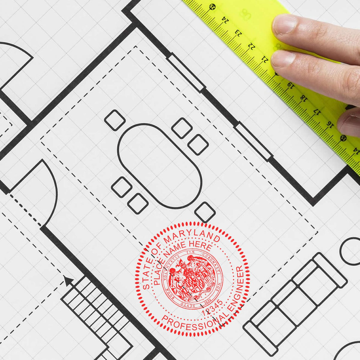 The Premium MaxLight Pre-Inked Maryland Engineering Stamp stamp impression comes to life with a crisp, detailed photo on paper - showcasing true professional quality.