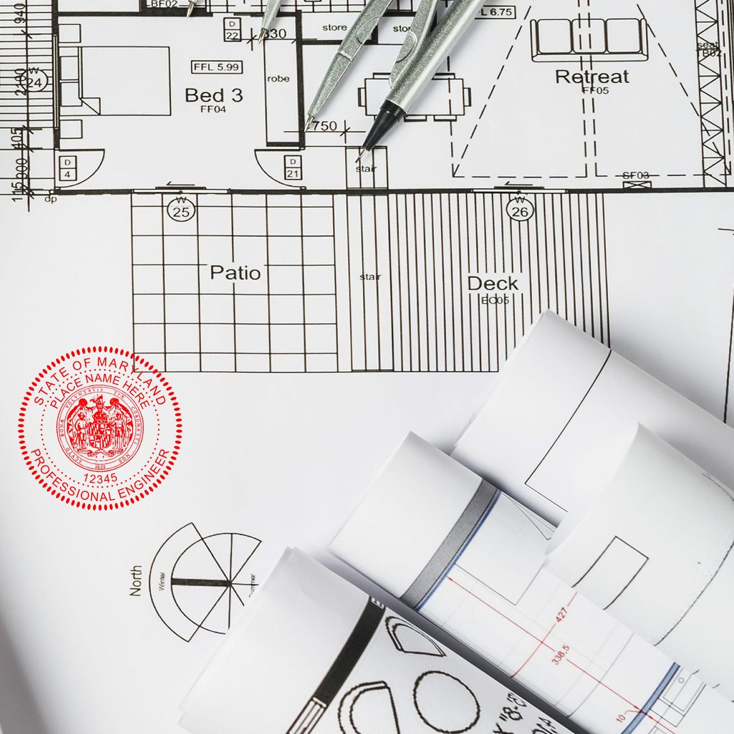 Another Example of a stamped impression of the Digital Maryland PE Stamp and Electronic Seal for Maryland Engineer on a piece of office paper.