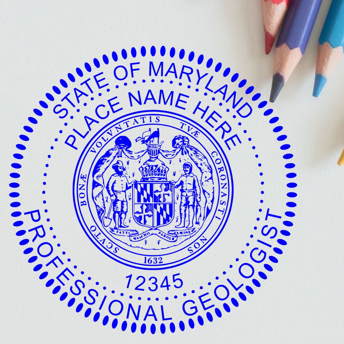 A stamped imprint of the Maryland Professional Geologist Seal Stamp in this stylish lifestyle photo, setting the tone for a unique and personalized product.