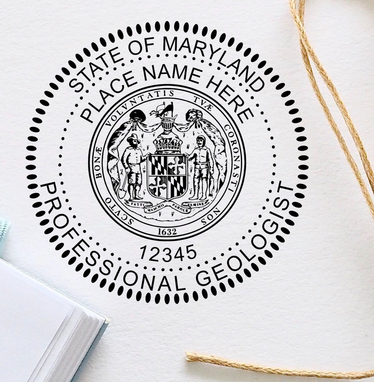 A stamped imprint of the Digital Maryland Geologist Stamp, Electronic Seal for Maryland Geologist in this stylish lifestyle photo, setting the tone for a unique and personalized product.