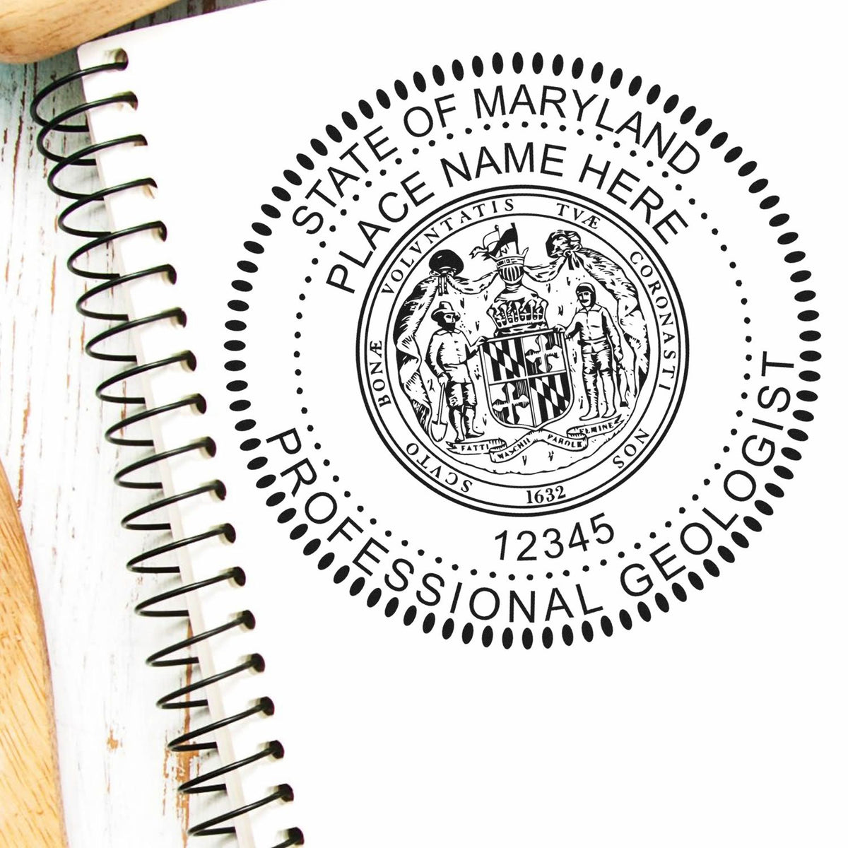 A lifestyle photo showing a stamped image of the Premium MaxLight Pre-Inked Maryland Geology Stamp on a piece of paper