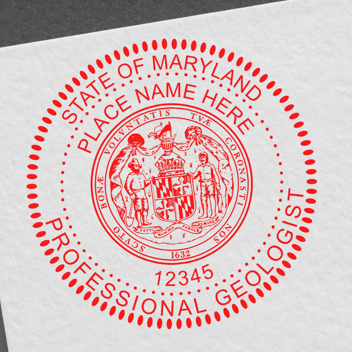 An in use photo of the Maryland Professional Geologist Seal Stamp showing a sample imprint on a cardstock