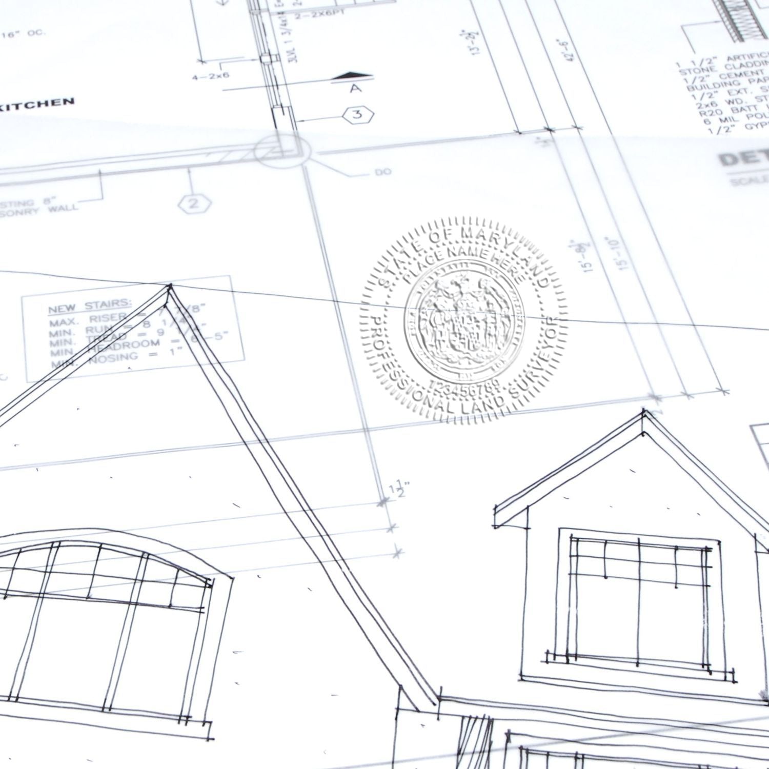 Another Example of a stamped impression of the Handheld Maryland Land Surveyor Seal on a piece of office paper.