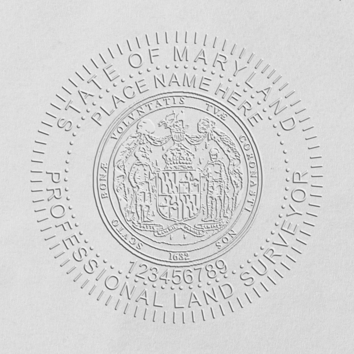 A photograph of the State of Maryland Soft Land Surveyor Embossing Seal stamp impression reveals a vivid, professional image of the on paper.