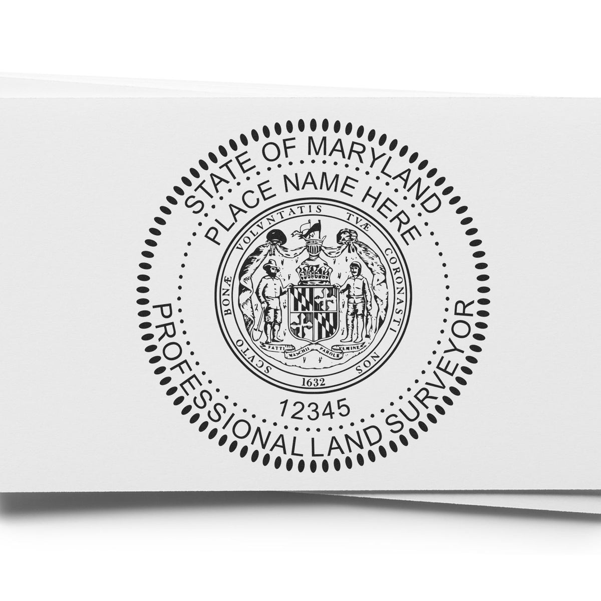 A lifestyle photo showing a stamped image of the Slim Pre-Inked Maryland Land Surveyor Seal Stamp on a piece of paper